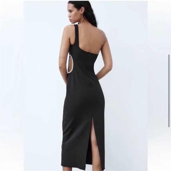 Size M or XXL | Zara | Asymmetrical Rhinestone Cut-Out Midi Dress One-Shoulder - Picture 8 of 12